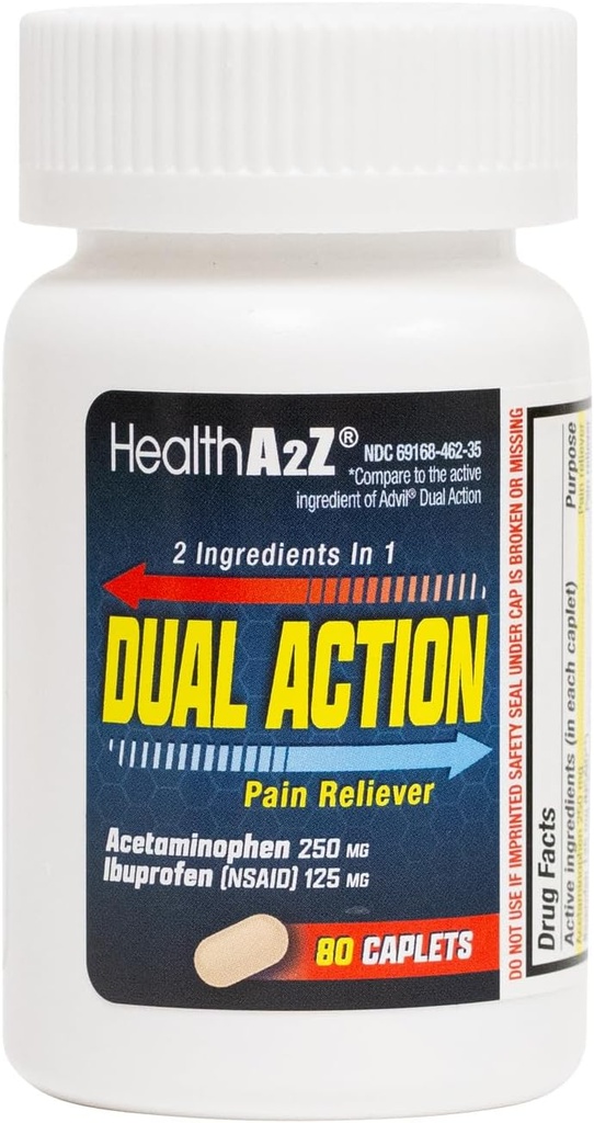 HealthA2Z® デュアルアクション痛みの軽減 | アセトアミフェン 250mg & Ibuprofen 125mg (NSAID) | 頭痛・発熱・背中痛の軽減のための2つの薬 | 痛みの回復とフィーバーの減力剤 | 80 カプレット