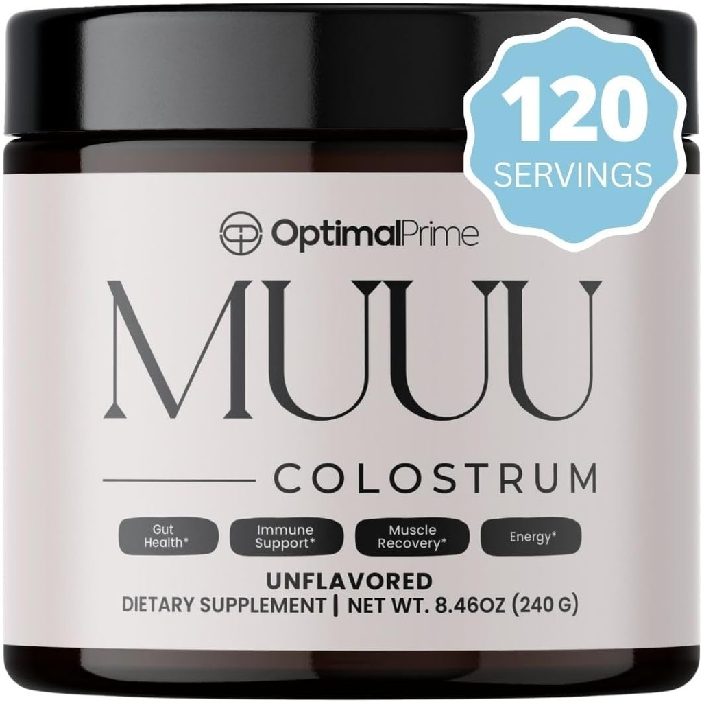 Optimal Prime - MUUU Bovine Colostrum Supplement and Superfood Powder for Gut Health, Bloating, Immune Support, Hair, Skin, and Nails Unflavored, 120 Servings