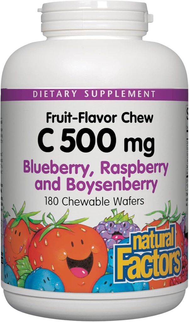 ナチュラルファクター、キッズChewableビタミンC 500mg、免疫健康、骨、歯とグム、ブルーベリー、ラズベリー、ボイセンベリー、180カウント(パッケージ1)