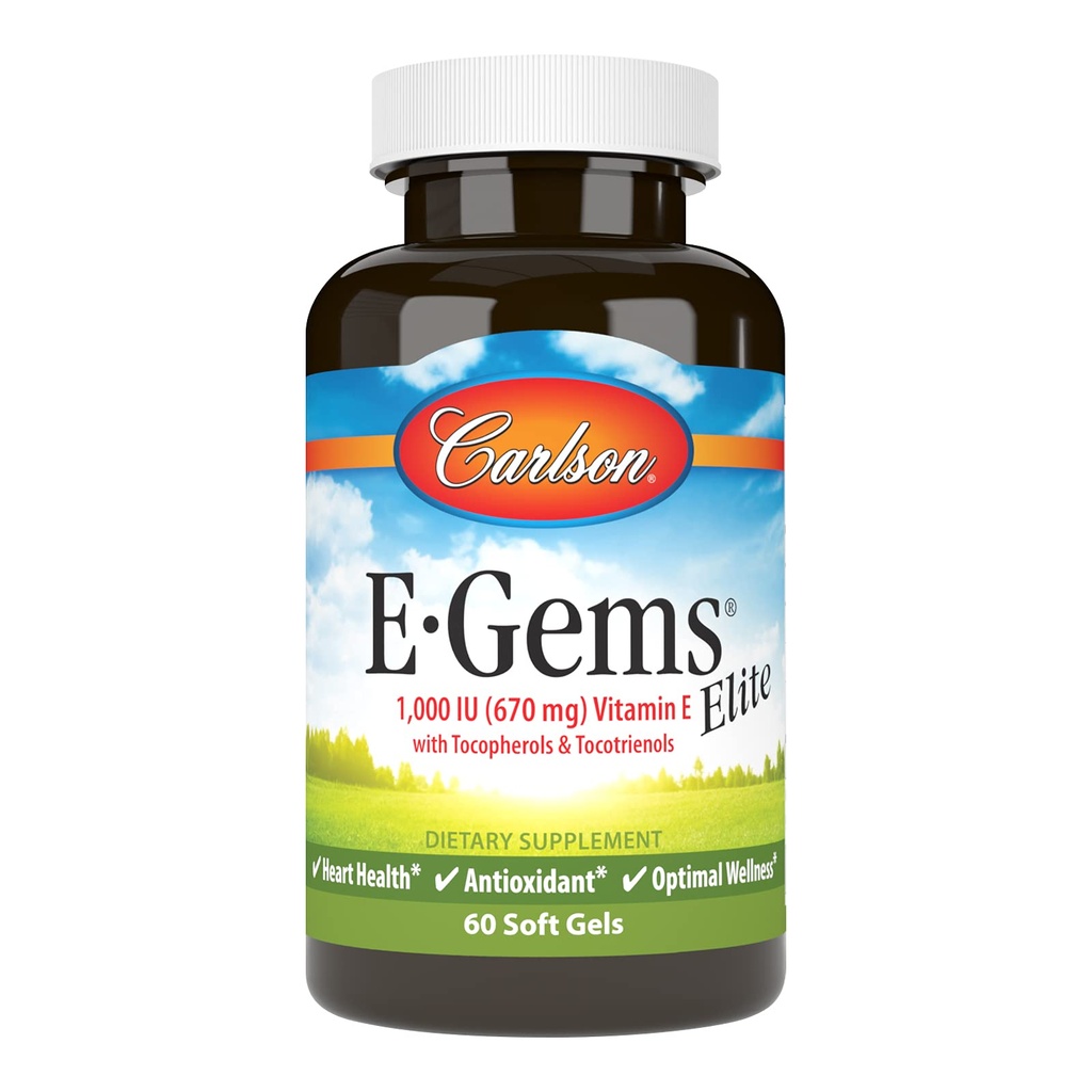 Carlson - E-Gems Elite、1000 IU(670 mg)ビタミンE、トコフェロールとトコトリエノール、最適ウェルネス、60 Softgels