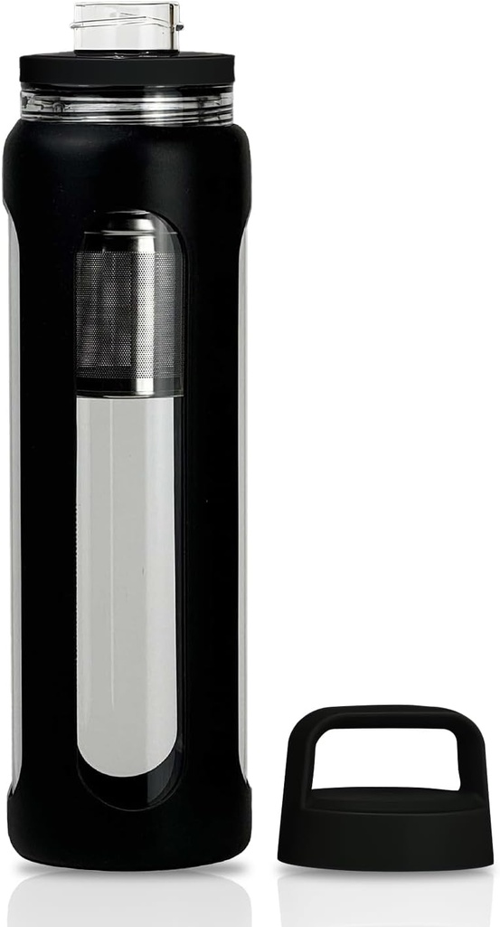 20oz シリコーンの袖が付いているガラス水差し、2 層のふたが付いている 600ml のマグ(細い口および小さい口のまっすぐな飲むこと)はティー・リークのびん-体育館のヨガの屋外の活動(黒)を飲みます