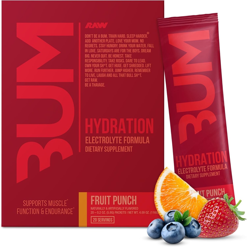 RAW 電解液パウダー 水分補給ドリンク ミックス パケット、BUM Hydrate(フルーツ パンチ、20 サービング) - 電解液加水パック 筋肉機能と耐久性をサポート - Keto 無料の電解液パウダー パケット