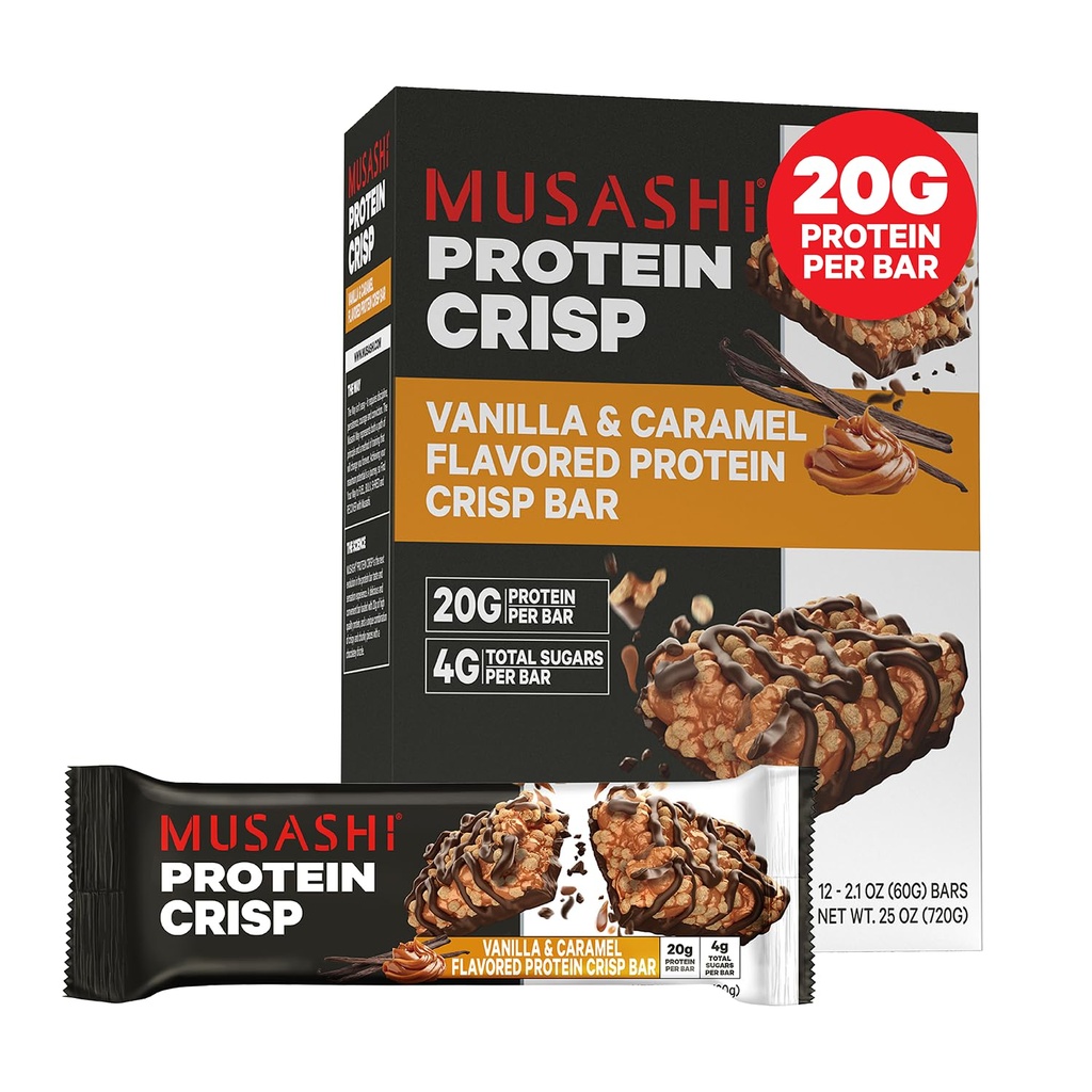 MUSASHIの蛋白質のCrisp棒、20g蛋白質、4gの合計の砂糖、バニラ及びカラメル、ポストのワークアウトおよび軽食は行きます、2.1oz (60g)棒の12パックを詰めます