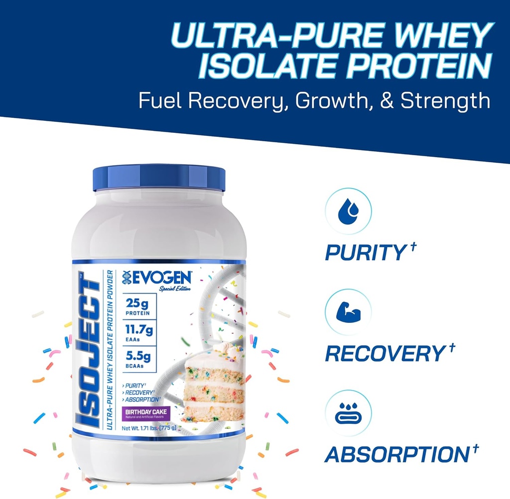 Evogen Isoject - 乳液プロテイン Isolate | 乳酸菌酵素、BCAA、および EAAによる超純ウエイプロテインパウダー | 吸収と回復を強化 | バースデーケーキ | 25 摂食