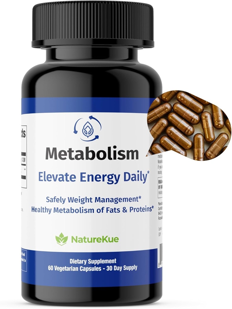 NatureKue Metabolism | 自然体重管理・エネルギーサポート | 免疫・消化健康 | プエル茶エキス、緑茶、代謝ブーストのハーブサプリメント – 60 ベジタリアンカプセル