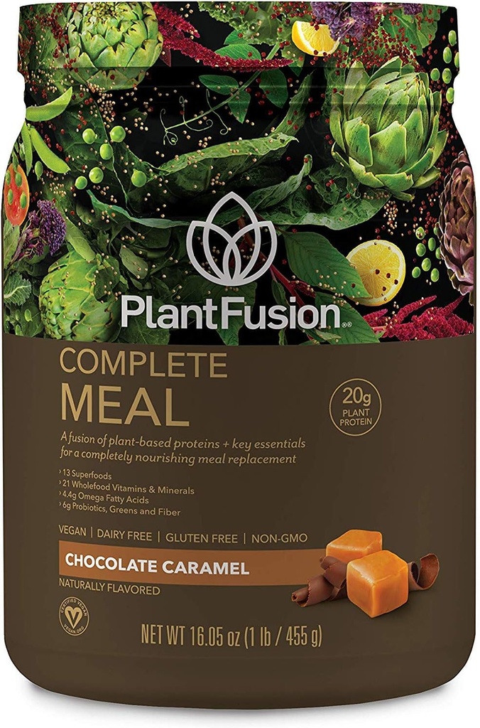 PlantFusion 完全な食事の取り替えの揺れ - 植物はスーパーフード、緑及びプロバイオティクスが付いている蛋白質の粉を基づかせていました - 完全菜食主義者のグルテンフリー、大豆は放します、非酪農場、砂糖無し、非GMO - チョコレート キャラメル 1 lb