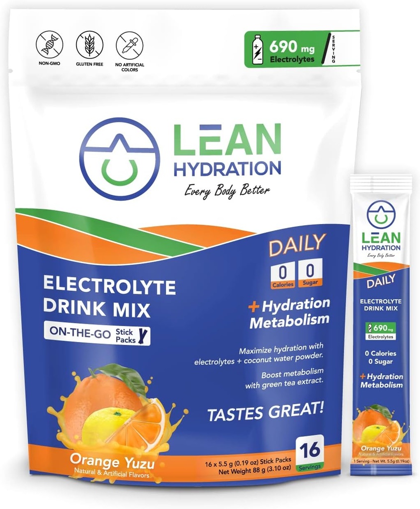 Daily Electrolyte Packets Drink Mix | Zero Calories, Zero Sugar Plus Vitamins, Minerals & More | 16 ct (Orange Yuzu)