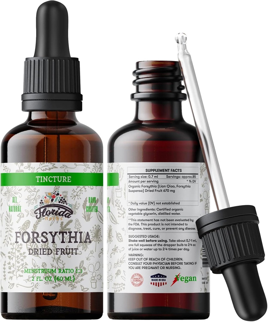 Forsythia Tincture、有機Forsythiaのエキス(Lian Qiao、Forsythia Suspensa)の健康の補足、冷たい出版物された有機性野菜のグリセリン2のoz、670のmgの非GMO