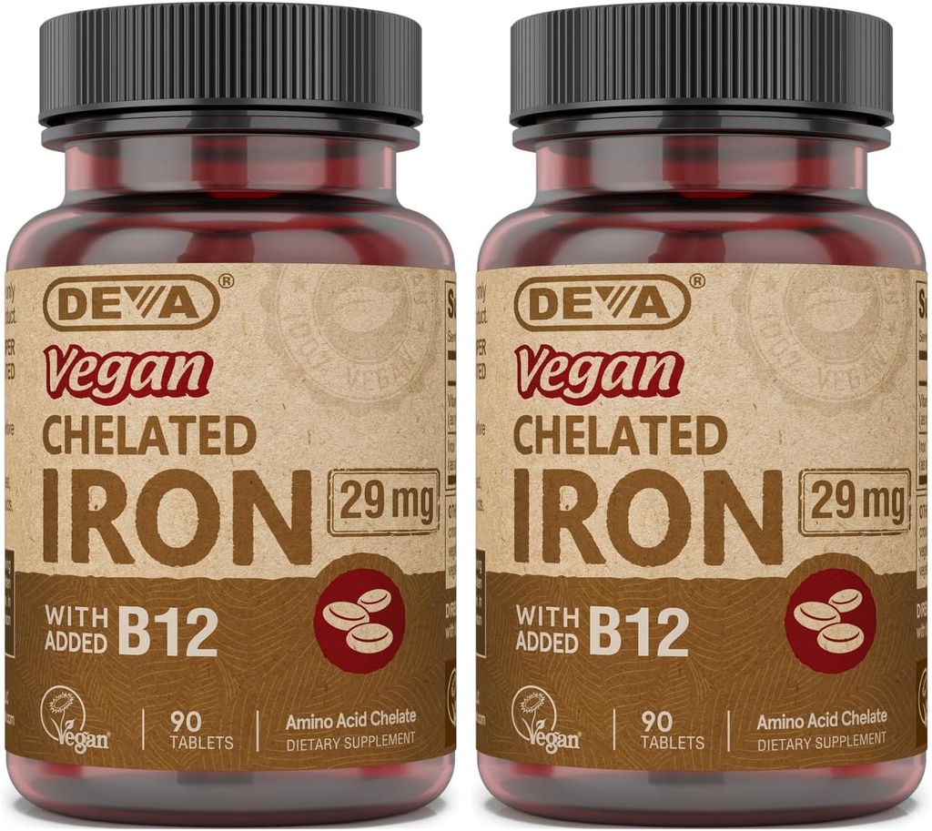 DEVA栄養ビーガンキレート鉄29mgはB-12で強化 - 高効力、簡単にスワロ - 90錠、2パック