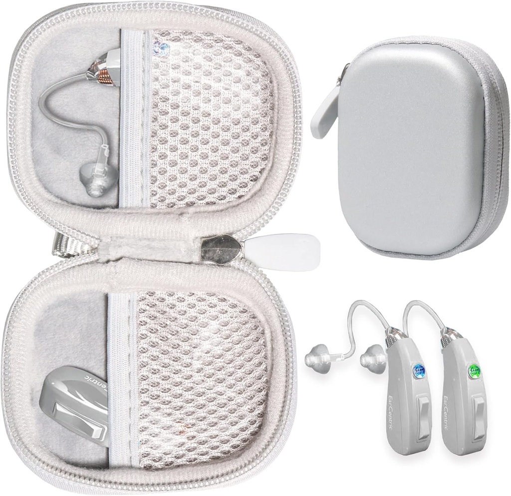 CaseSack Case for Hearing Aids compatible with EarCentic EasyCharge Rechargeable Hearing Aids also for Otofonix Elite/Encore, Banglijian, Britzgo, My Tone, LIGINN, Blaids, Lexie, Tweak (Silver)