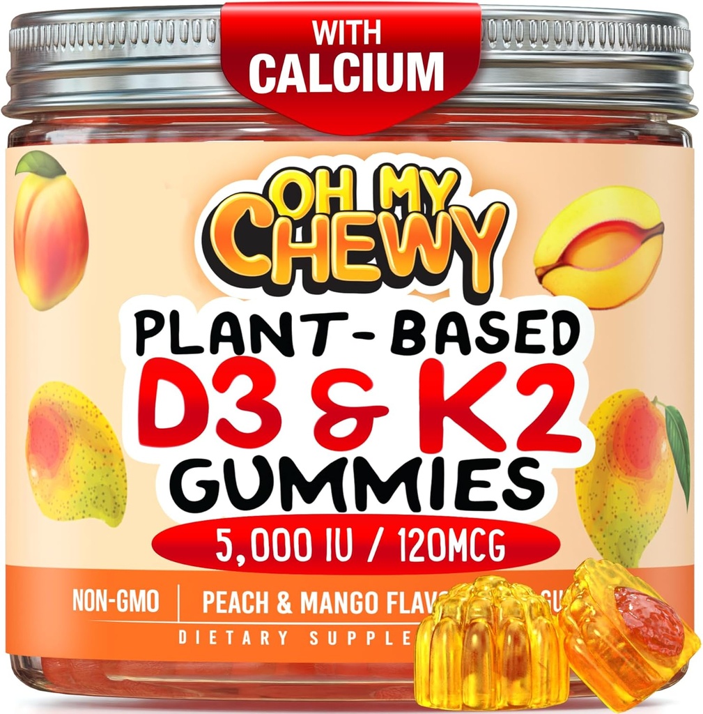 Center-Filled Vitamin D3 K2 Gummies - Kids, Teens & Adults - Supplement for Healthy Teeth, Bone, Energy & Immunity - 5000 IU D3, 120 mcg K2(MK-7), 120 mg Calcium - Vegan & Non-GMO - 120 Count