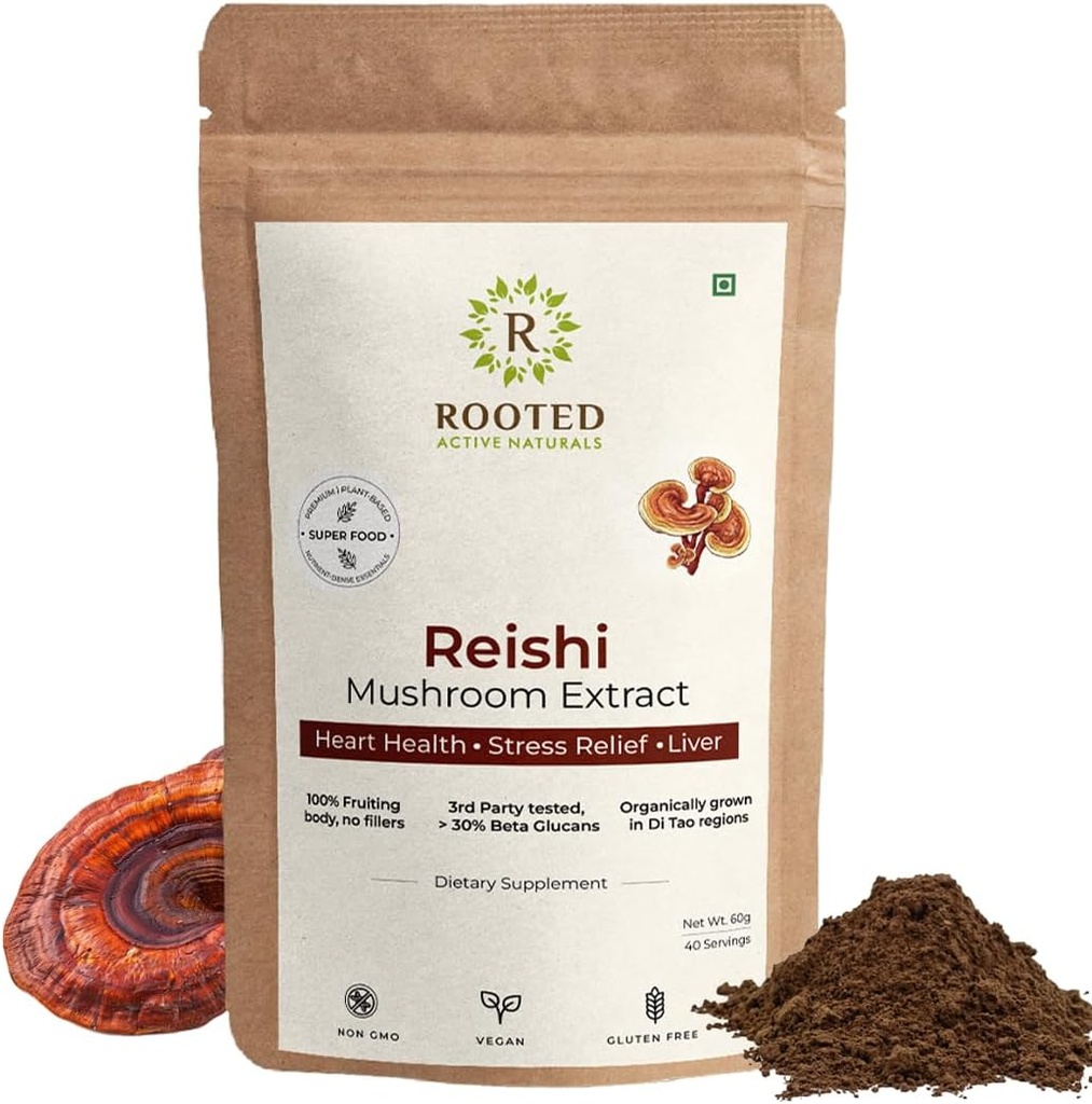 ROOTED Reishiのきのこのエキスの粉 中心の健康、圧力救助、肝臓。USDAの有機性、30%のベータ グルカン、証明された有機物(2.11 Ounce)