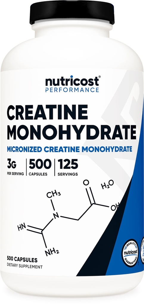 Nutricost Micronizedのクレアチンの一水化物 3,000mg 500のカプセル、125のサービング、カプセルごとのクレアチンの一水化物の750mg