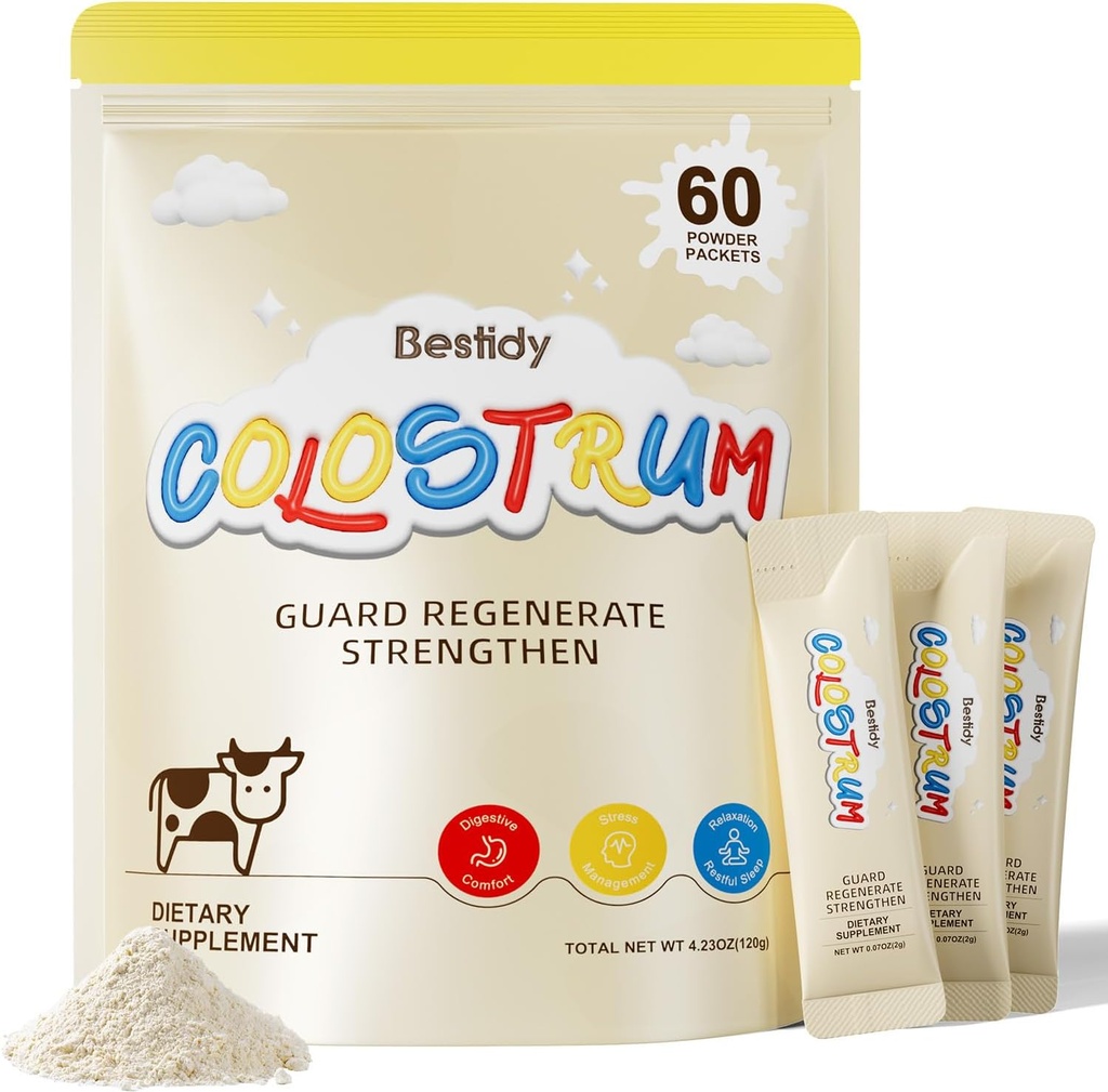 Bestidy Colostrum Supplement,Colostrum Powder for Gut, Hair Growth, Beauty, Individually Packaged,Natural Superfood Bovine Colostrum Powder,(60 Servings) 4.23 Oz