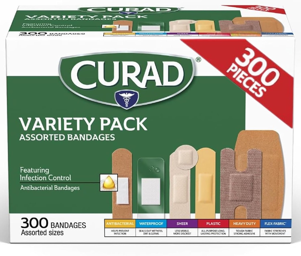 CURADは包帯のバラエティ パック、抗菌、防水、せん断、プラスチック、ヘビーデューティ&フレックスファブリックを含む300の計算、6つのスタイルを分類しましたり、スクレープ、カット&バーン、乳液フリーを保護します