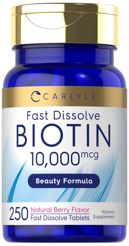 Carlyle Biotin 10000mcg | 250 速い分解のタブレット | 最大強度 | ベジタリアン・非GMO・グルテンフリーの補足