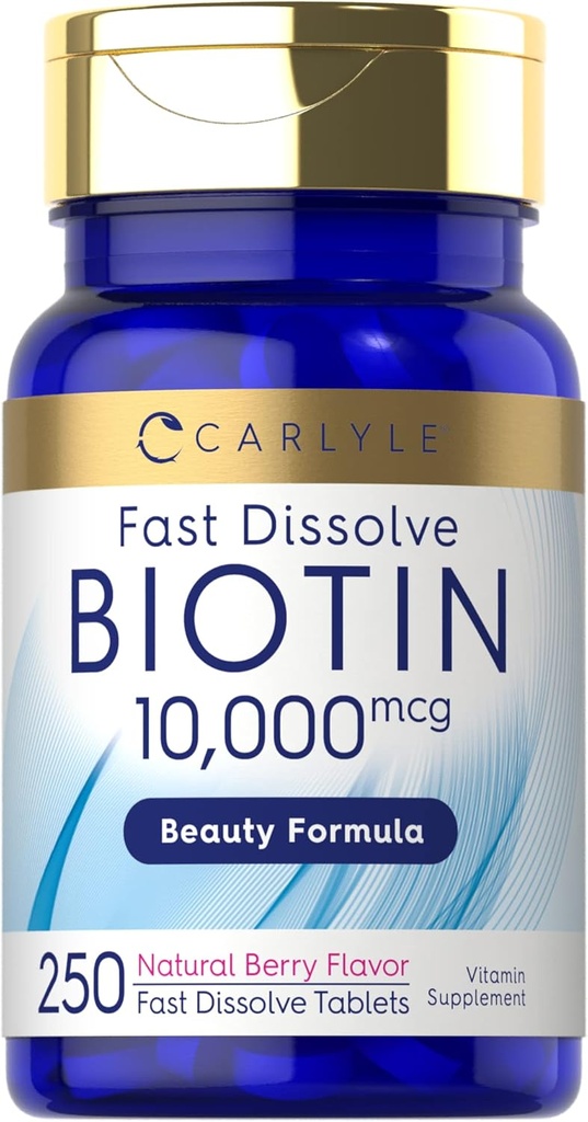 Carlyle Biotin 10000mcg | 250 速い分解のタブレット | 最大強度 | ベジタリアン・非GMO・グルテンフリーの補足