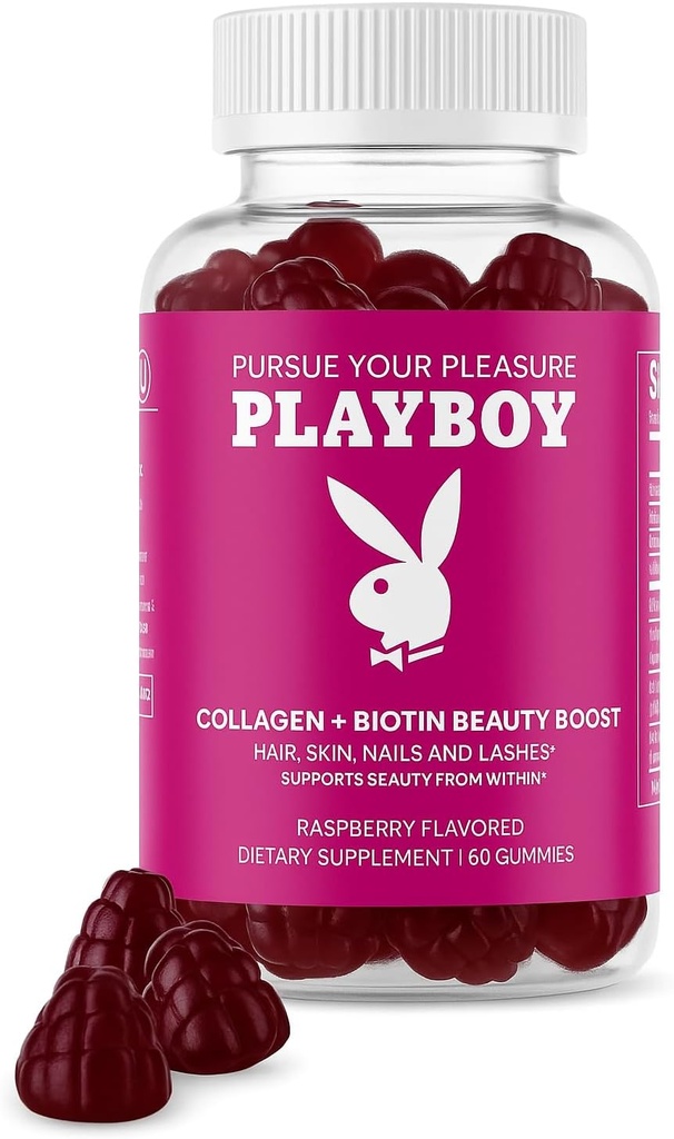 Playboy - コラーゲン+ビオチン美容ブーストヘア、スキン、ネイル&ラッシュ(60グミー) - 女性&男性のためのラズベリー風味のビオチン&コラーゲンサプリメント - 非GMO、グルテンフリー、ナッツ無料グミ