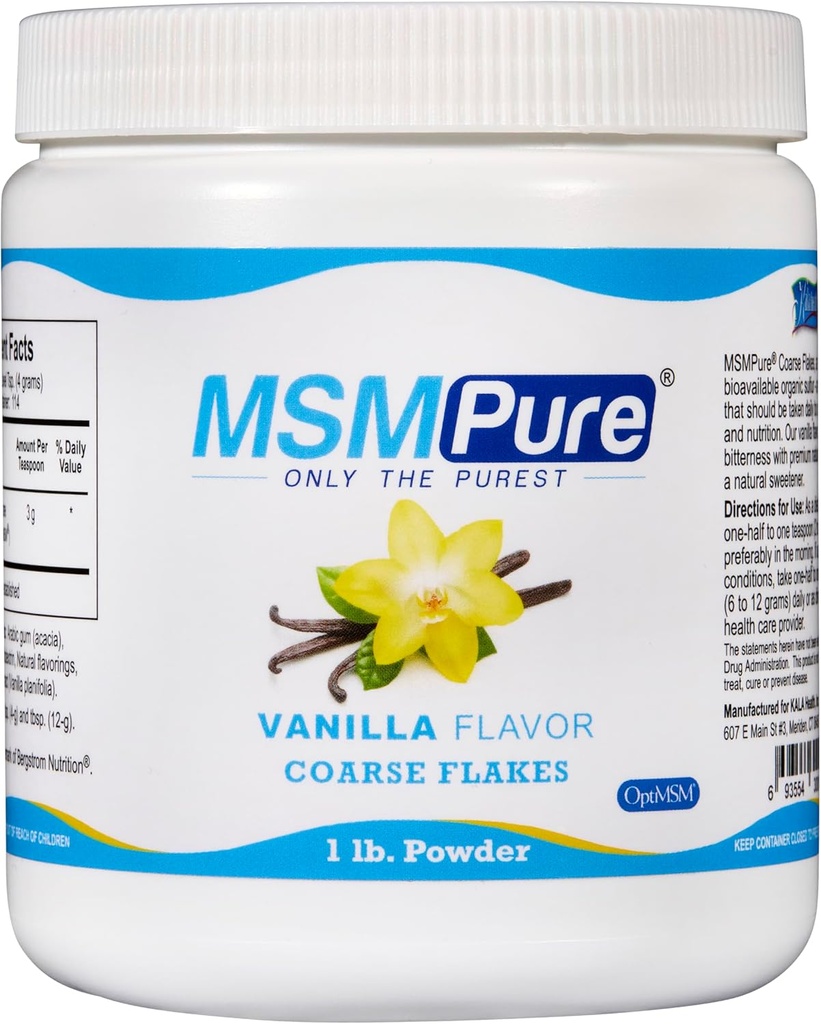 KALA HEALTH MSMPure Vanilla Flavored Coarse MSM Powder Flakes – US-Made MSM for Joint Health, Skin Appearance, and Hair & Nail Support – 1 lb, Organic Sulfur