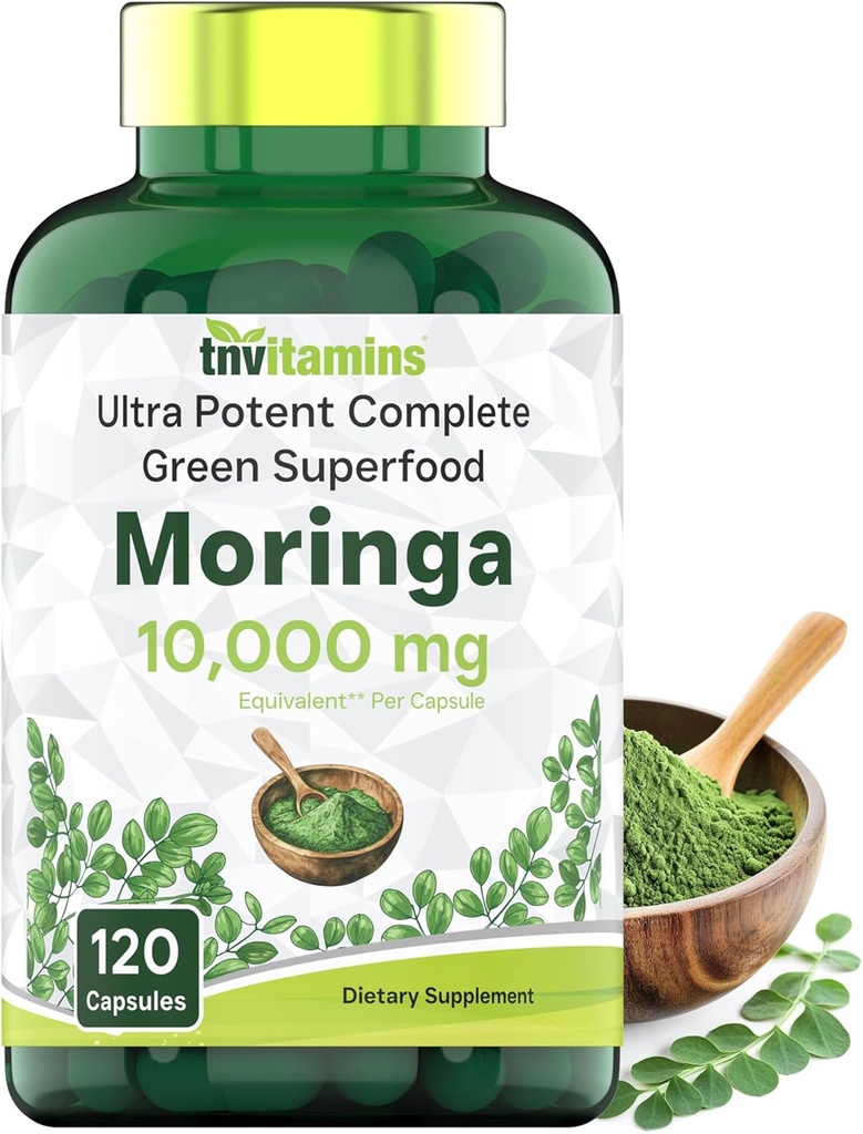 tnvitamins Moringaカプセル10,000mg - 120カプセル  純粋なMoringa Oleiferaリーフパウダーサプリメント  強力なグリーンスーパーフード  スーパーグリーンパウダーピル  アメリカ製非GMO!