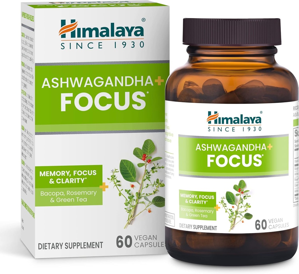 Himalaya Ashwagandha + フォーカス - B12、ローズマリー、グリーンティー、Bacopa ノトropics for Memory and Clarity - ビーガン、非GMO、グルテンフリー、1690 mg、60 Caplets
