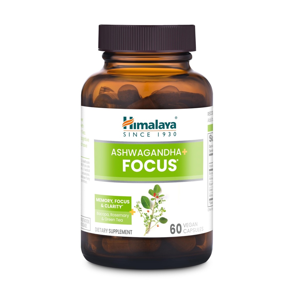 Himalaya Ashwagandha + フォーカス - B12、ローズマリー、グリーンティー、Bacopa ノトropics for Memory and Clarity - ビーガン、非GMO、グルテンフリー、1690 mg、60 Caplets
