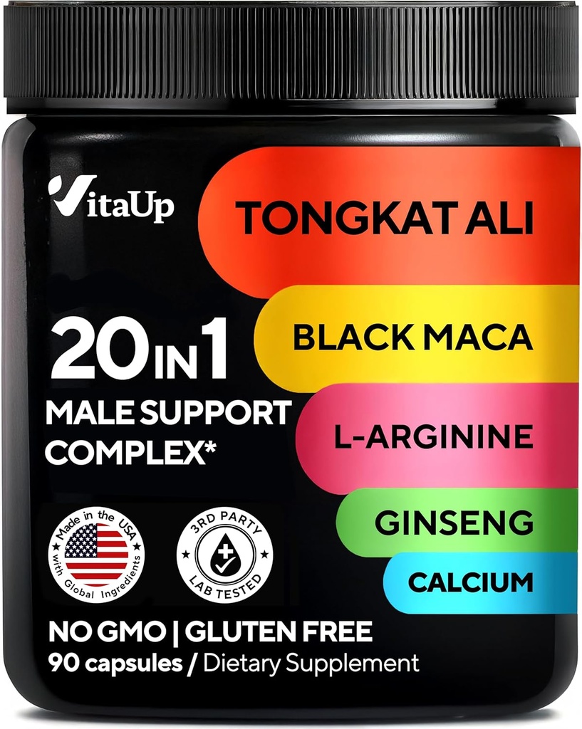 Astragalusと男性20のためのTongkatアリ - 米国は黒のマカルート、L-アルギニン、Ginseng、Calcium、正常な強さ及び耐久性サポートのためのAstragalusのコンプレックスを作りました- 90の帽子