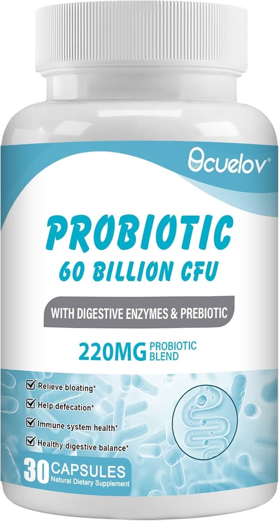 Probiotics 60 Billion CFU with 10 Strains & 3 Organic Prebiotics,Probiotics Supplement for Women Men Support Metabolism,Immunity and Digestive Health,Non-GMO & Gluten Free,30 Capsules