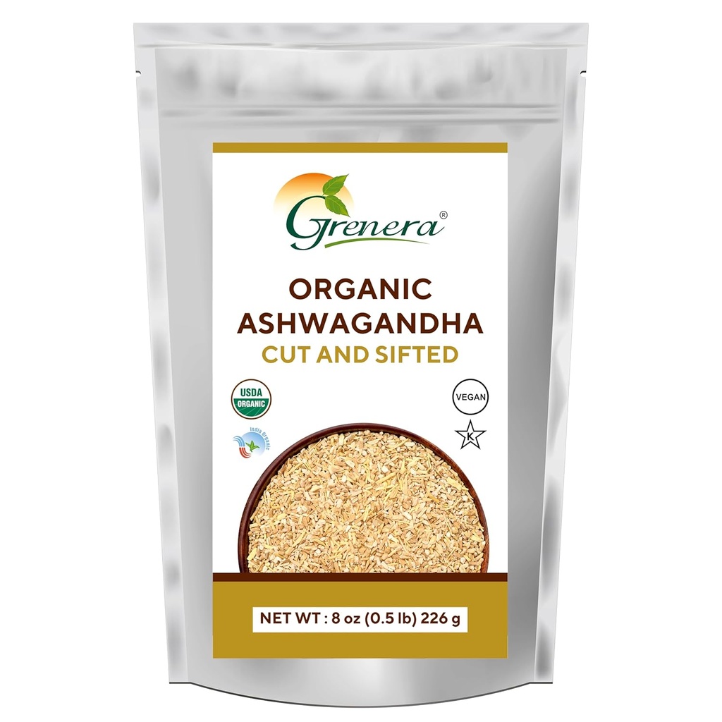 Greneraの有機性Ashwagandhaの根の切口は8のoz、withania Somnifera USDAによって証明される3から5のmmのサイズ、草の茶を作るために最もよい