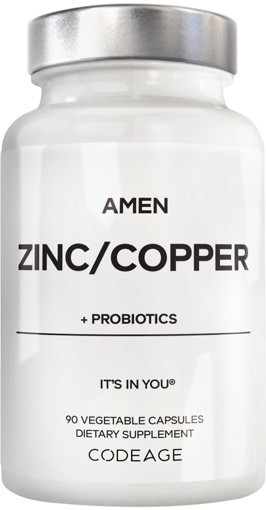 Amen 亜鉛 & 銅サプリメント + プロバイオティクス, 3 ヶ月の供給, 1 日 - 50 mg 亜鉛ピコリン酸ビタミンピル - 必須ミネラルサプリメント – 2 億 CFU のプロバイオティクス – ビーガン, 非 GMO, 90 カプセル
