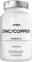 Amen 亜鉛 & 銅サプリメント + プロバイオティクス, 3 ヶ月の供給, 1 日 - 50 mg 亜鉛ピコリン酸ビタミンピル - 必須ミネラルサプリメント – 2 億 CFU のプロバイオティクス – ビーガン, 非 GMO, 90 カプセル