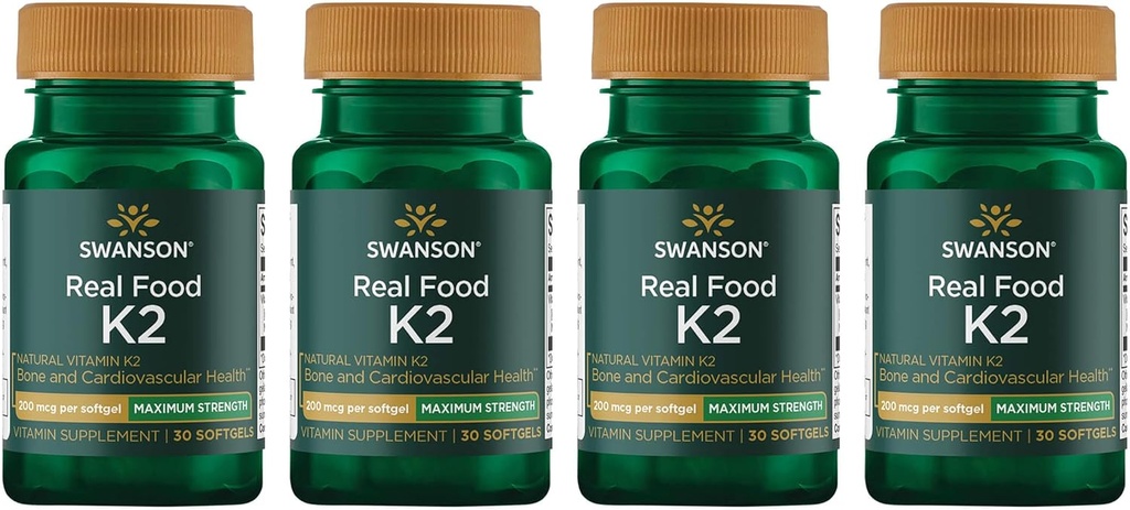Swanson Maximum Strength Vitamin K2 (Menaquinone-7)-Vitamin Supplement Supporting Cardiovascular and Bone Health-Made from Japanese Natto to Help Regulate Calcium (30 Softgels, 200mcg Each) (4 Pack)