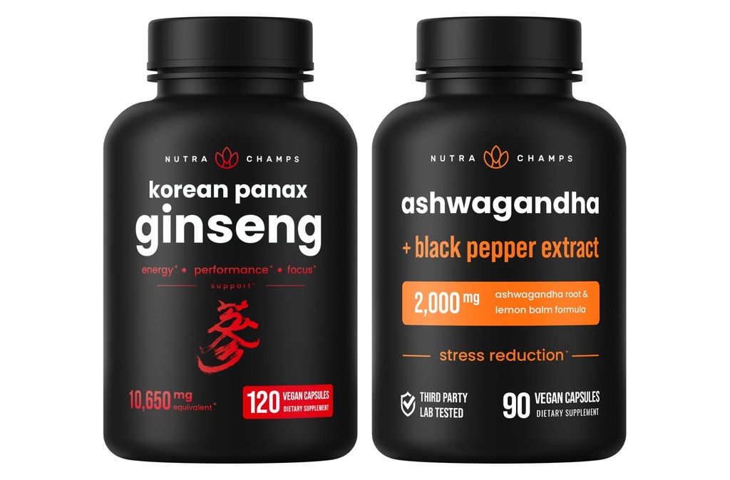 NutraChamps韓国のGinsengのカプセルおよびAshwagandhaのカプセル2のパックの束