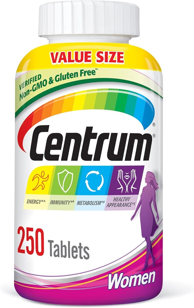 女性のためのCentrum Multivitamin、鉄、ビタミンD3、Bのビタミンおよび酸化防止ビタミンCおよびEのタブレット、グルテンフリー、非GMOの原料- 250の計算
