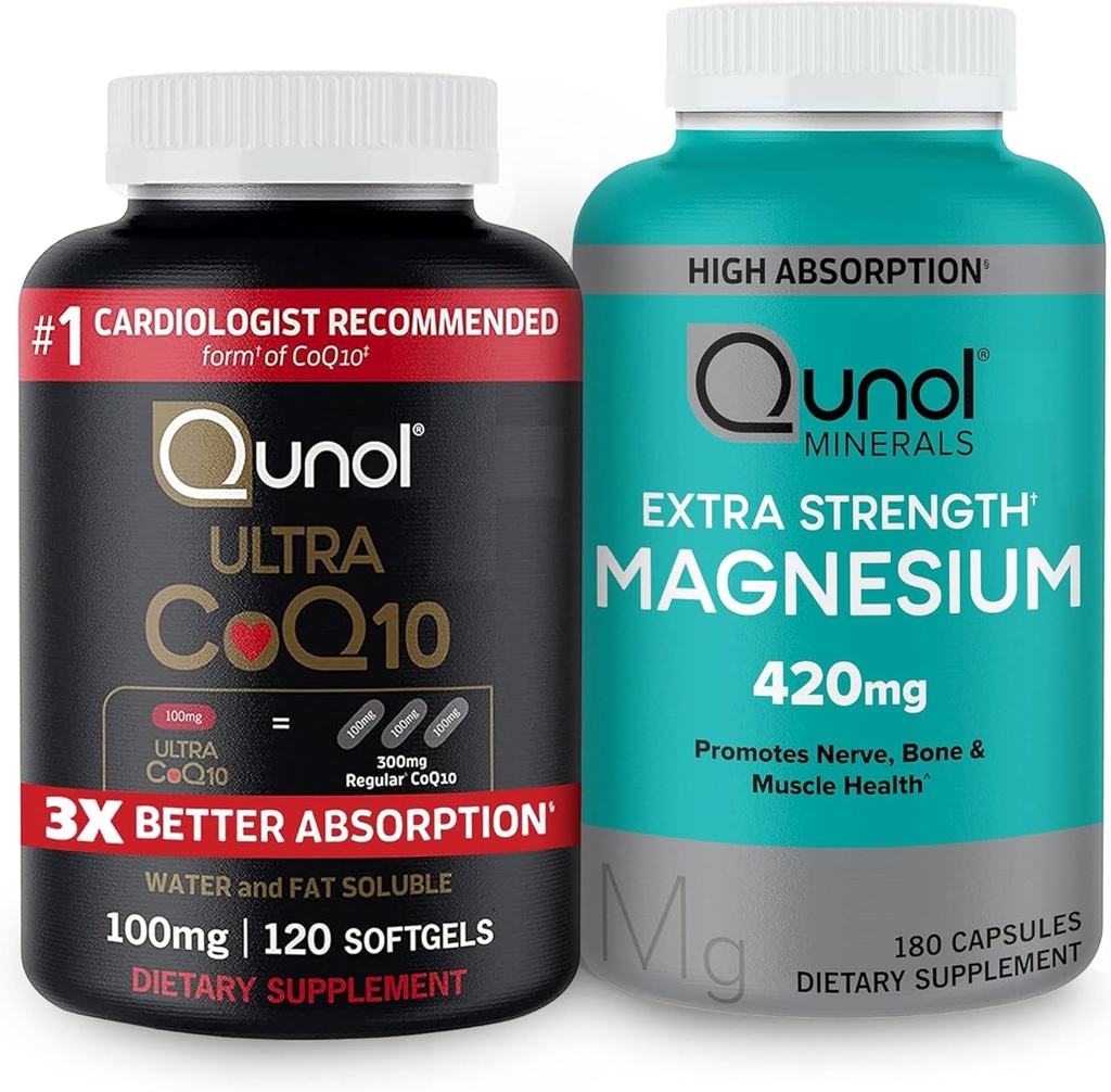 Qunol CoQ10 100mgのSoftgels、3Xのよりよい吸収4か月の供給+ 120の計算のマグネシウムのGlycinateのカプセル420mgの高い吸収のマグネシウムの補足、180の計算