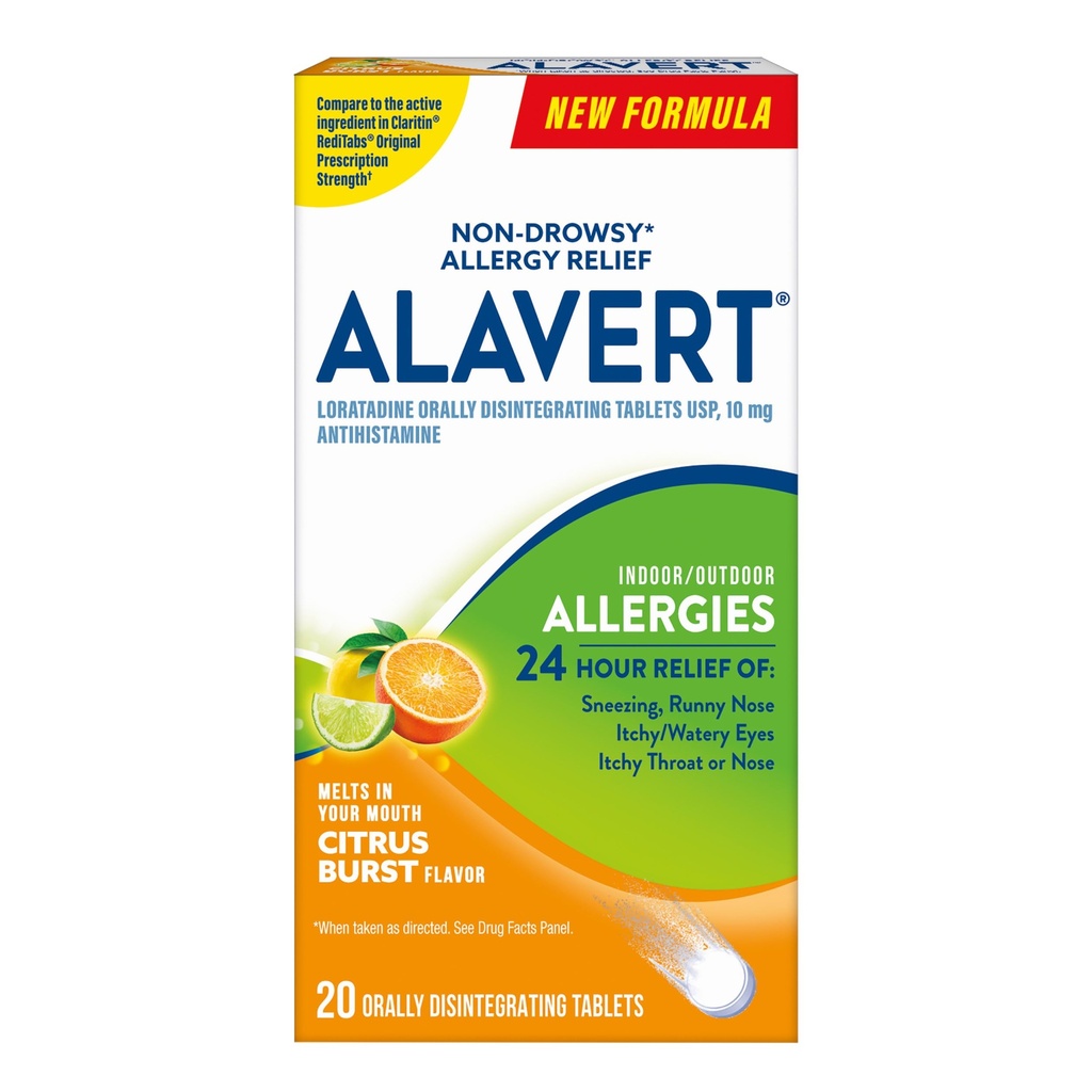 Alavertアレルギー24時間の救助、Citrusのバーストの味、口頭でアレルギーのタブレット、非眠気のAntihistamine、Loratadine 10mg、18の計算の崩壊