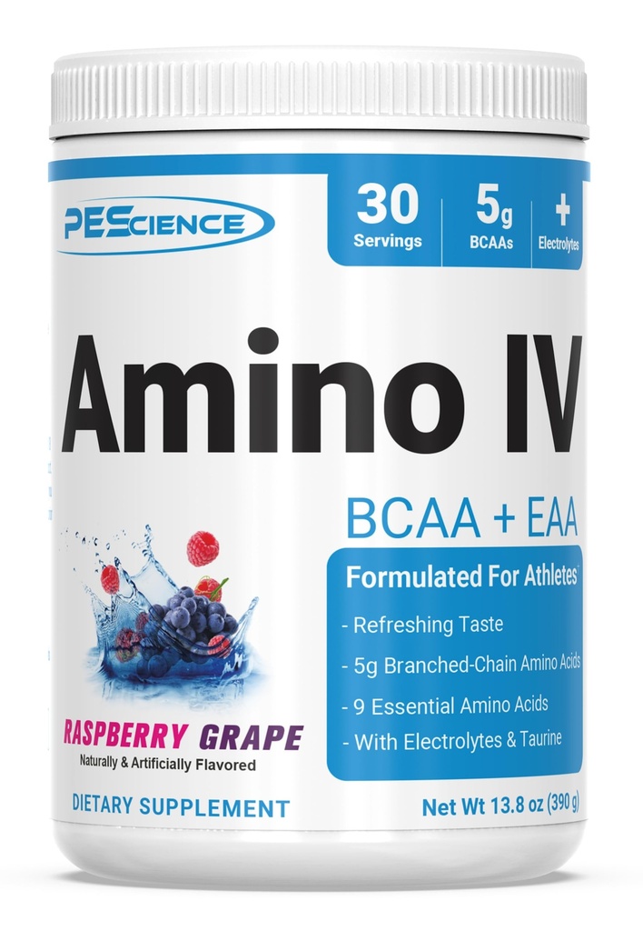 PEScience Amino IV BCAA & EAAパウダー, エッセンシャル アミノ酸, タウリン, エッセンシャル アミノ酸, 加水と筋肉の回復のための電解質, 男性と女性のための砂糖無料, ポストワークアウト - ラズベリーブドウ - 30 サービング