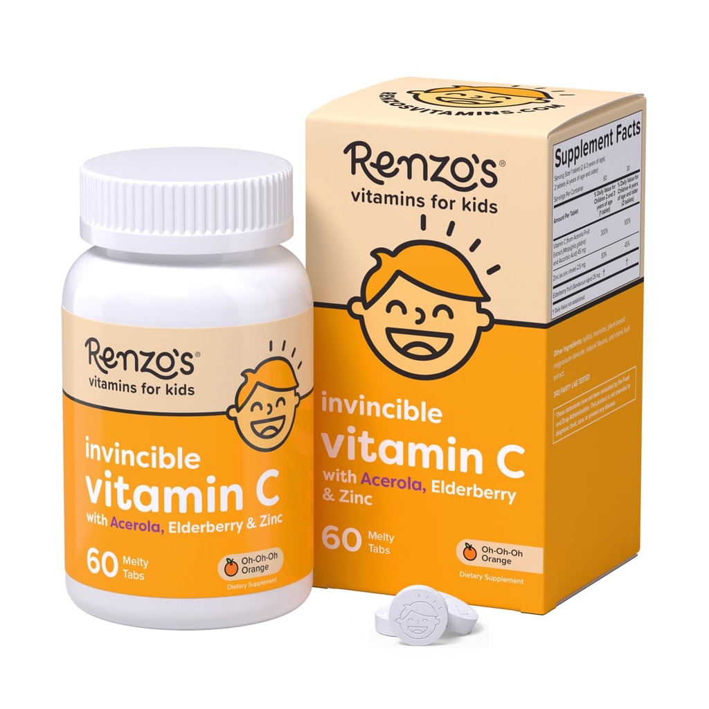 エルダーベリーと亜鉛の子供のためのRenzoのInvincibleビタミンC、免疫サポートのための分解性キッズビタミン60オレンジ風味のメルティタブ