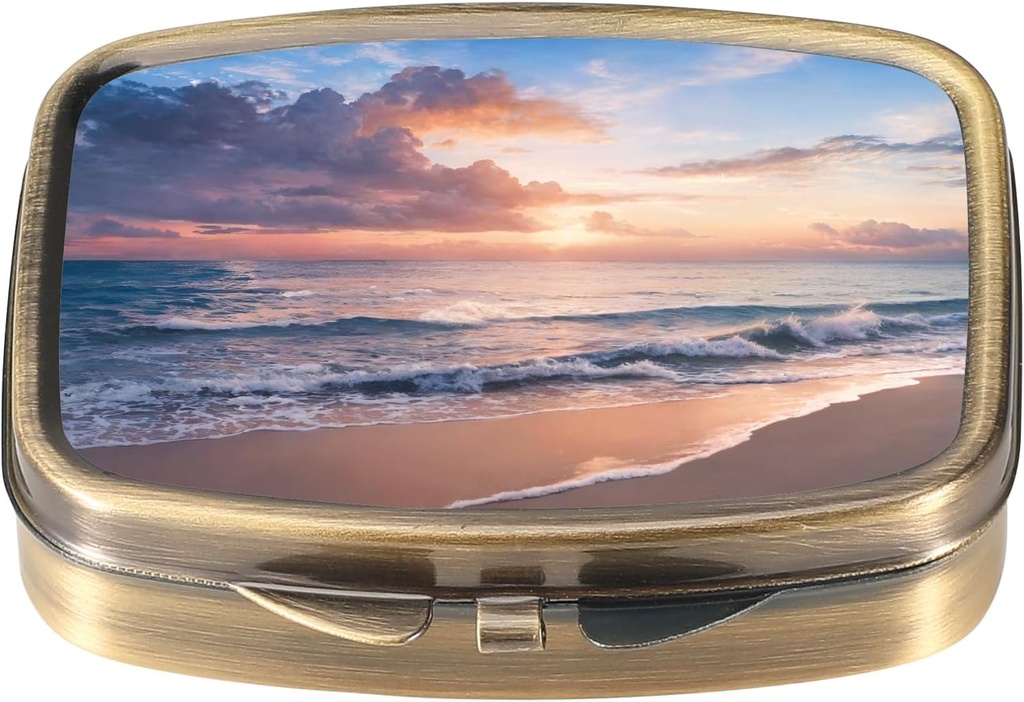 Dynippy Pill Case Pill Box with Mirror Retro Pocket 2 Compartment Medicine Case ビタミン ピル オルガナイザー for Pocket Purse and Travel (Retro- Beach Sunset)
