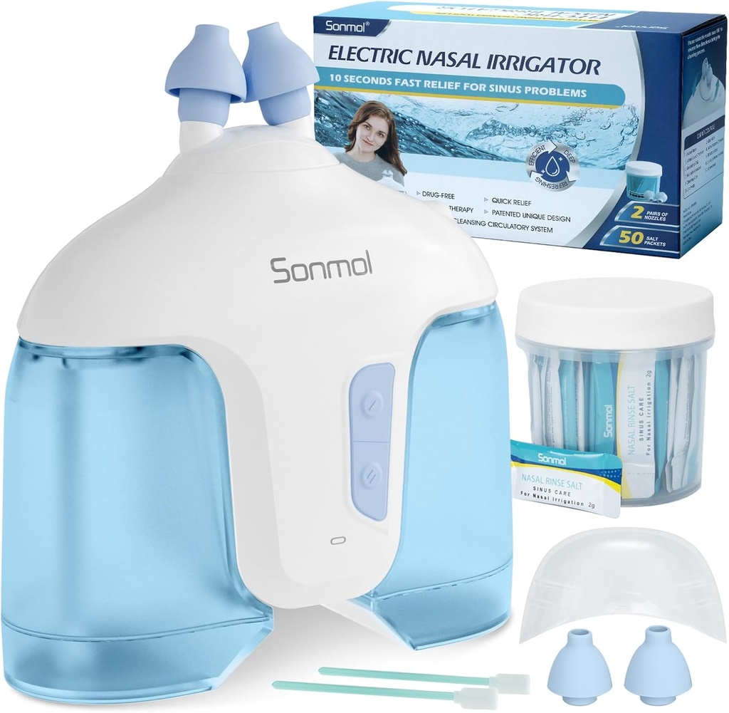 Sonmol電気鼻の潅漑システム(鼻の潅漑、青)、Sinusの大人の鼻の洗剤、50のパケットのサリンが付いている自己クリーニングの鼻の洗剤