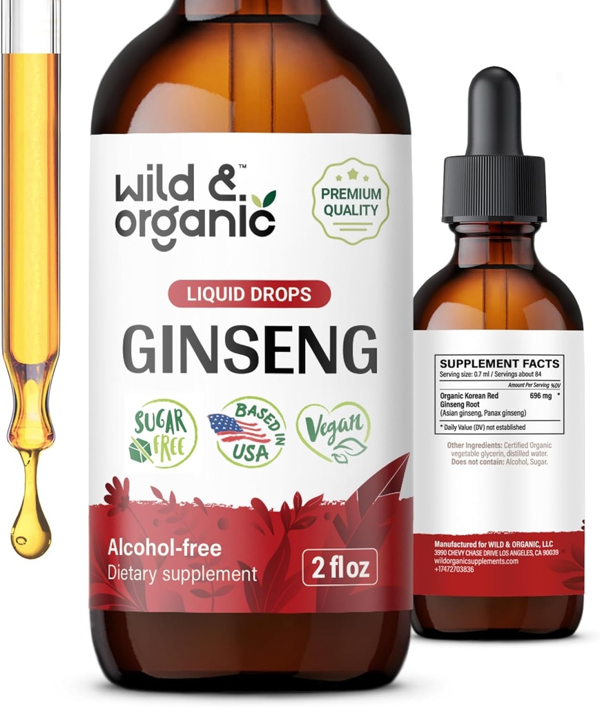 Wild & Organic Korean Red Ginseng Extract Drops - Panax Ginseng Supplement for Immune Support - Liquid Root Tincture for Overall Well-Being - Vegan, Sugar & Alcohol-Free - 2 fl oz