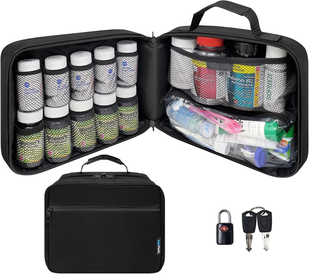 Large Padded Pill Bottle Organizer, Medicine Bag, Case, Carrier for Medications, Vitamins, and Medical Supplies - Travel Medicine Organizer and Home Storage Med Bag - Black (with TSA Lock)