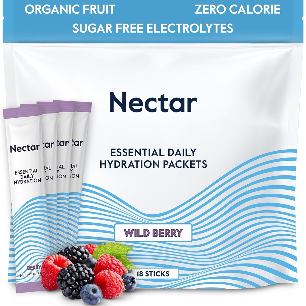 Nectar Hydration Packets - 電解質パウダーパケット - 砂糖やカロリーなし - 有機フルーツ液体毎日 IV 脱水救済と急速な再水のための水分補給パケット (ベリー 18 パック)