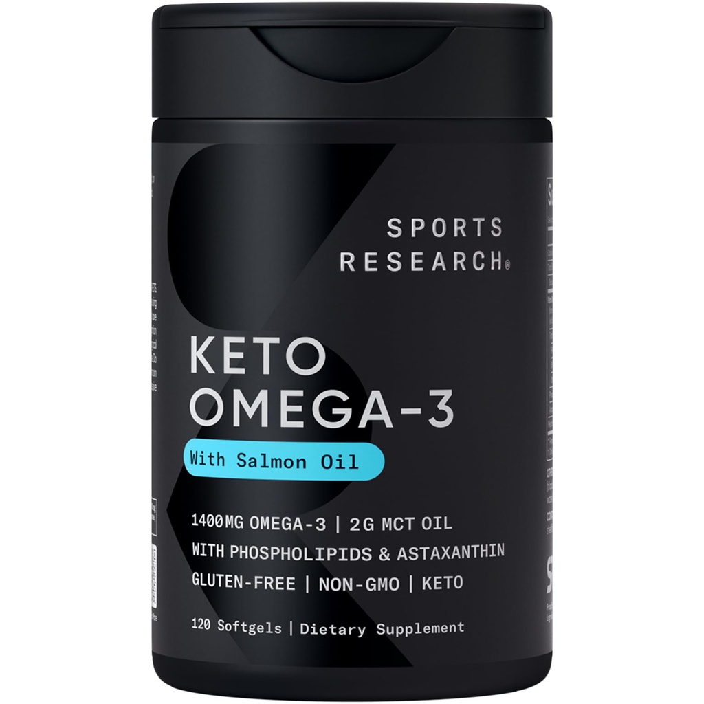 スポーツリサーチ® ケトオメガフィッシュオイル1400mg - アスタキサンチン&ココナッツMCTオイルとフルスペクトラムオメガ3ブレンド - Keto認定、大豆&グルテンフリー(120 Softgels)