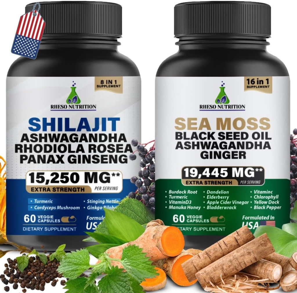 海苔&シラジットマルチビタミンバンドル - 海苔7000mg、シラジット9000mg、ブラックシードオイル4000mg、アシワガンダ2000mg、ジンジャー&ホディオラローザ1000mg、1サプリメントですべて