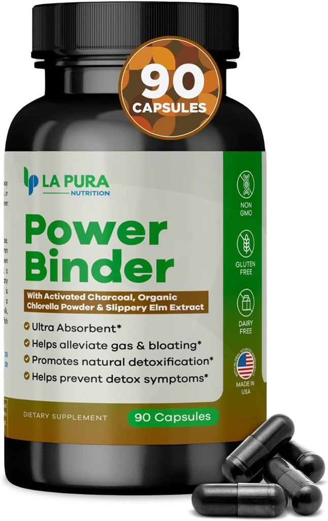 LaPura Power Binder Blend – Detox & Cleanse with Activated Charcoal, Organic Chlorella Powder & Slippery Elm Extract – Helps Alleviate Gas & Bloating – Promotes Natural Detoxification - 90 Capsules