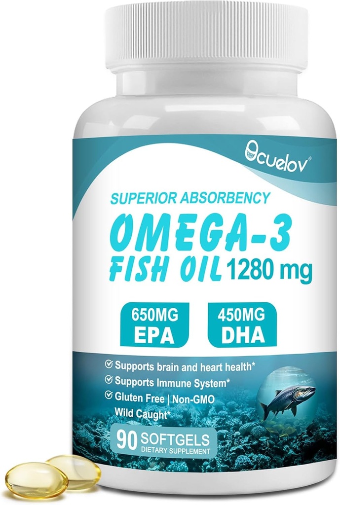Omega 3 魚油サプリメント,トリプル強度オメガ 3 栄養補助食品 650 mg EPA 450 mg DHA サービングあたり - 脳、目、心、免疫の健康サポート - 90 ソフトゲル (45 サーブ)