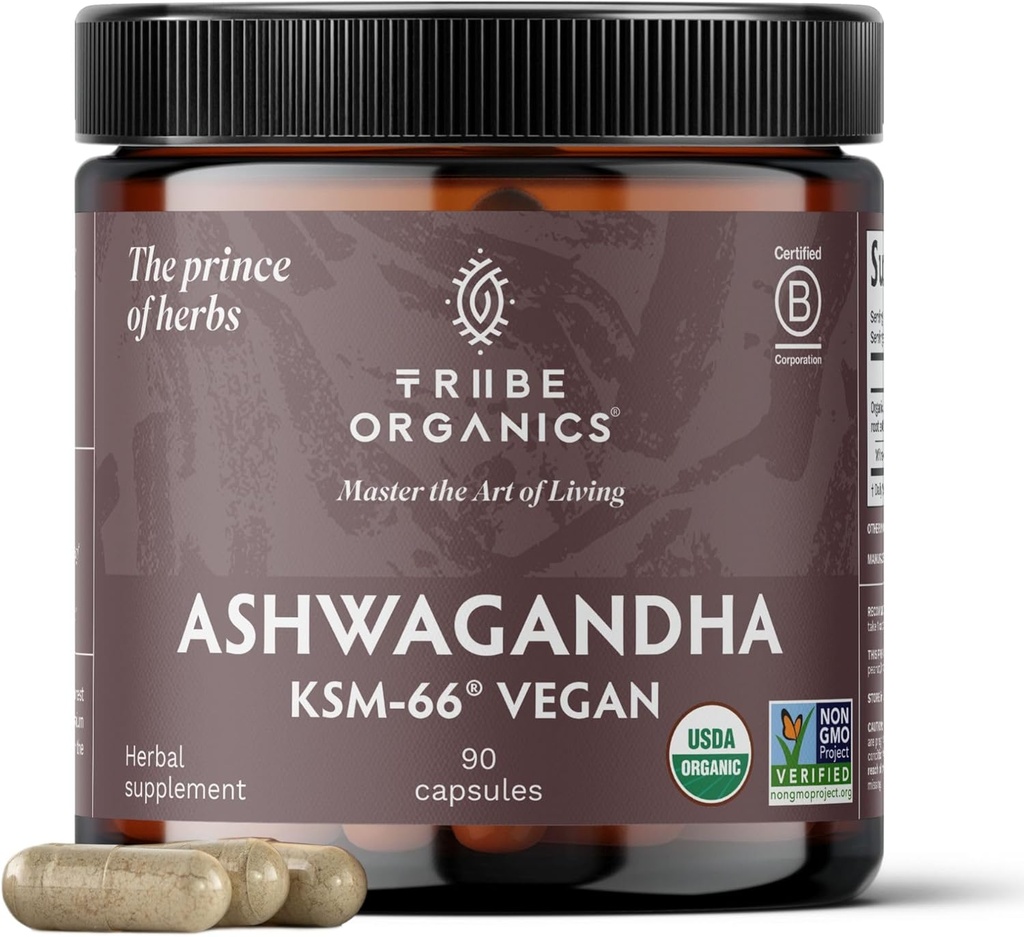 TRIBE ORGANICS ビーガン Ashwagandha KSM 66 純粋な有機性根の粉のエキス Ayurvedic の補足-焦点の泥サポート増加の優秀な吸収のための自然な KSM66 のエネルギー強さ 600mg - 90 のカプセル