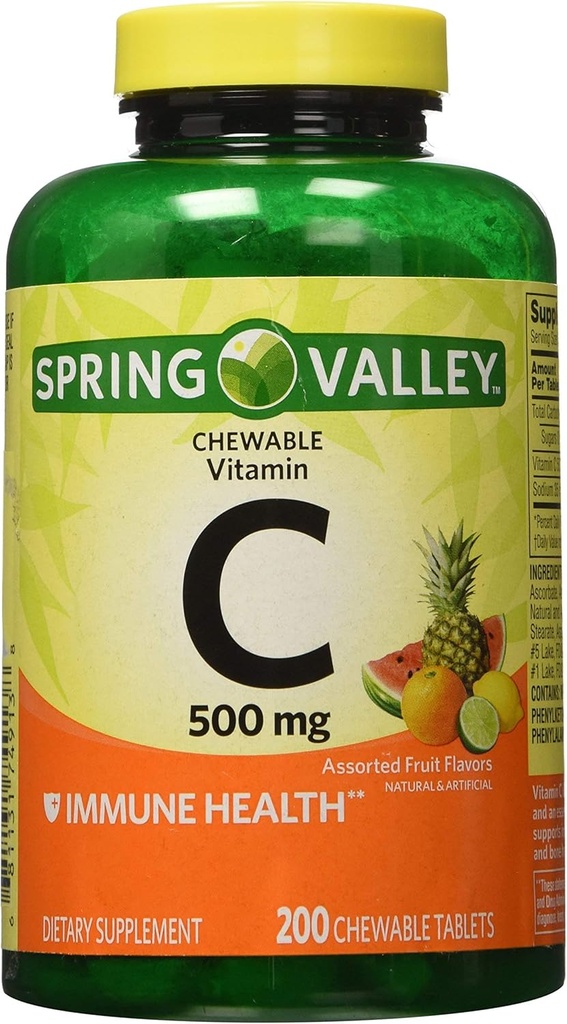Spring Valley - Vitamin C Multiple Fruit Flavors 500 mg, 200 Chewable Tablets (2 Pack) + 1 Mini Travel Pill Container with Keychain(Colors May Vary)