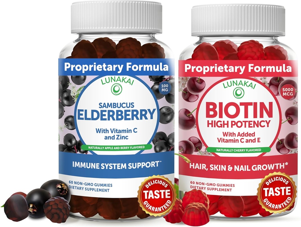 Lunakai Biotin&Elderberry Gummies Bundle - 毛の成長、肌の輝き、ビタミンCとEで強い爪 - 大人と子供のための免疫サポートサプリメント